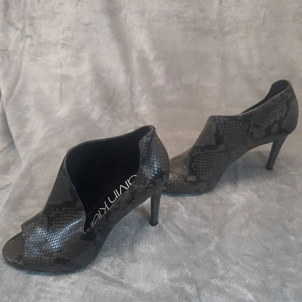 Calvin Klein Shoes Leather Sz 8.5 Black Pull On Stiletto Snake Booties Nastassia